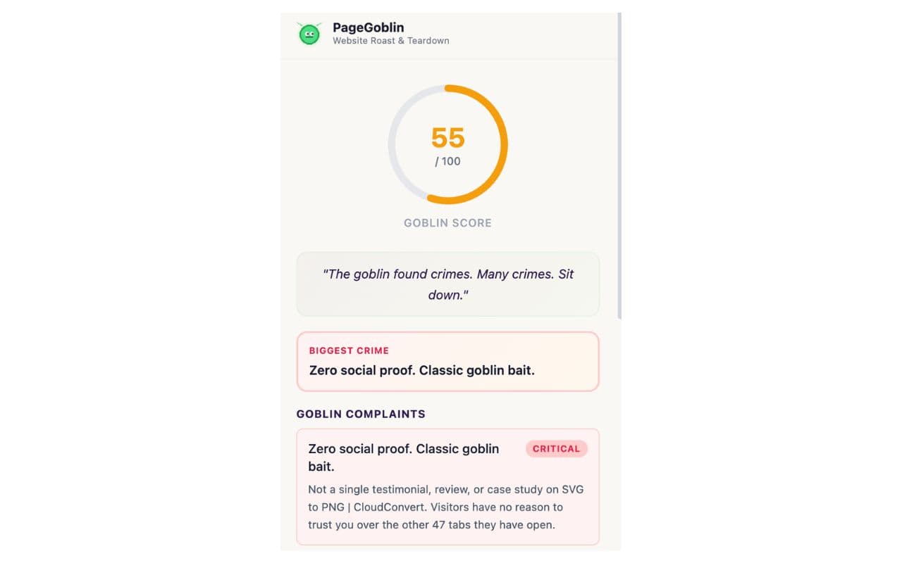 PageGoblin Chrome extension showing quick fixes and the full roast action