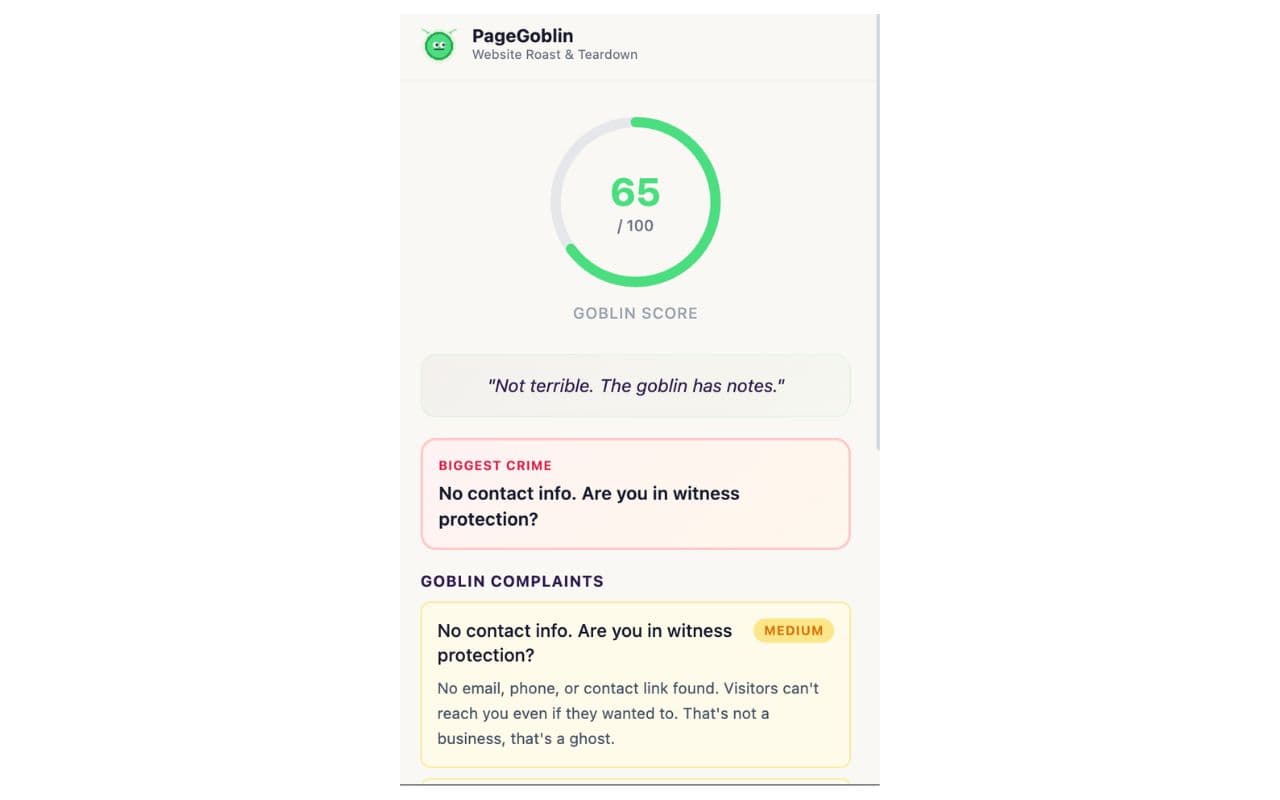 The real PageGoblin Chrome extension quick score screen